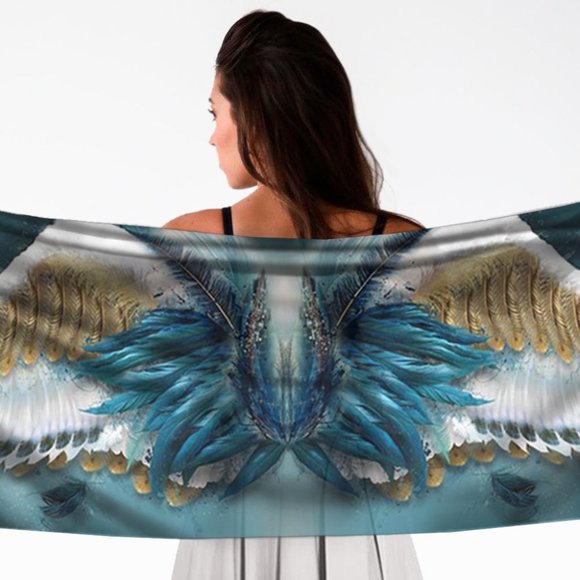 Blue & Gold Angel Feather Wings X-Long Crepe Scarf Wrap - Picture 3 of 13
